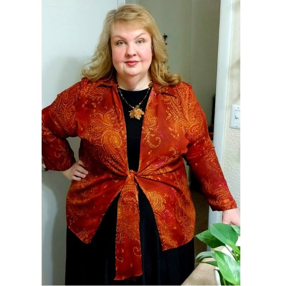 LB Sheer Tie Front Top Kimono Cardi Henna Rust Brown Cinnamon Orange Indian